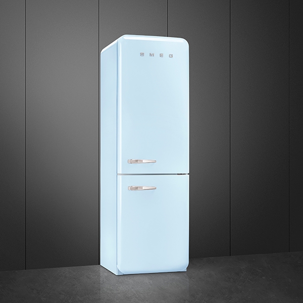 A 2 door free standing fridge freezer in Smeg's iconic retro design - pastel blue in colour