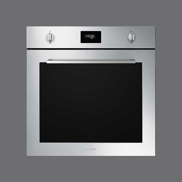 Smeg's Cucina design (shown, is a built-in oven) is more classical, featuring minimalistic features, stainless steel surround, and large black glass visibility panel in the door.