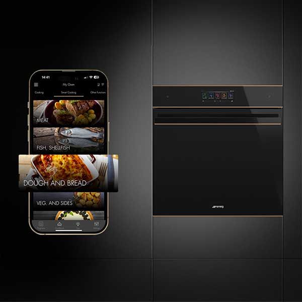 Shows a smart phone with an app, and a built in Smart oven, indicating that you can control the oven via your smart phone