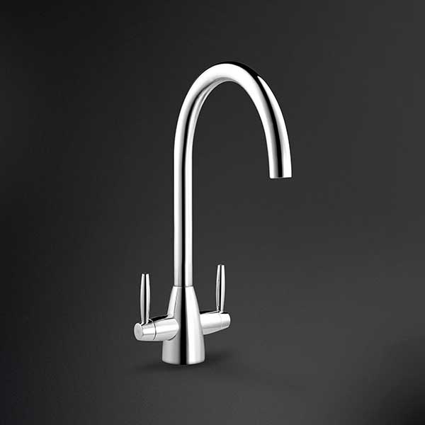 A chrome, double lever kitchen tap