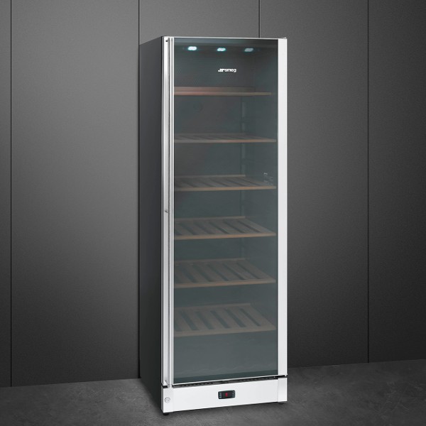 A large, freestanding wine cooler with glass door and 6 shelves.