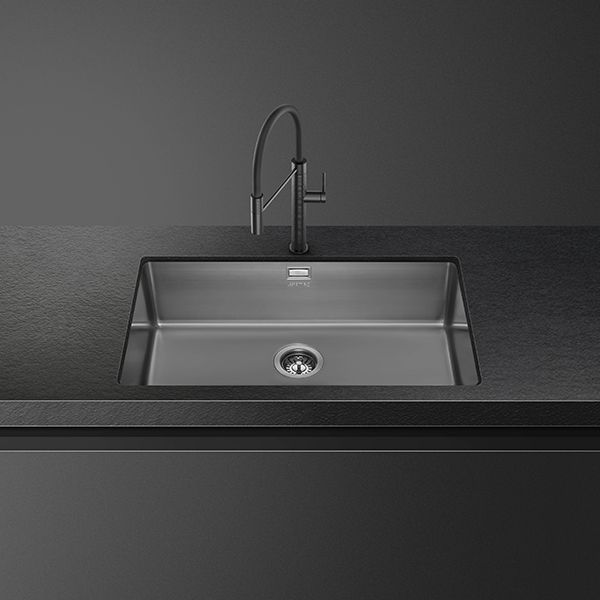 An undermount PVD (Physical Vapour Desposition) kitchen sink in brushed black, Resembles a dark brushed metallic finish