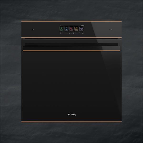 A contemporary range of appliances (shown, is a built-in oven from the range) featuring a monochromatic look with black glass and copper trim
