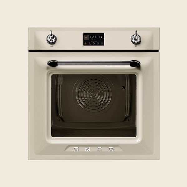 Smeg's Victoria range has a more traditional style (shown in a built-in fan oven in cream), with a slightly bevelled as opposed to flat front door and control panel design than