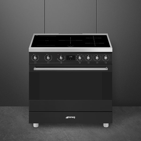 A sleek modern range cooker in dark grey, with single oven and 5 induction hob cooking zones
