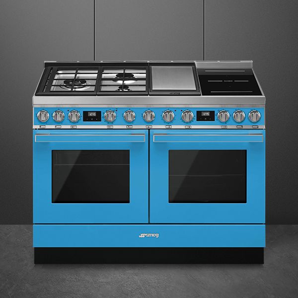 A wide, sky blue range cooker with dual side-by-side ovens and a mixed hob featuring 3 gas burners, an induction zone, and a electric teppanyaki plate.