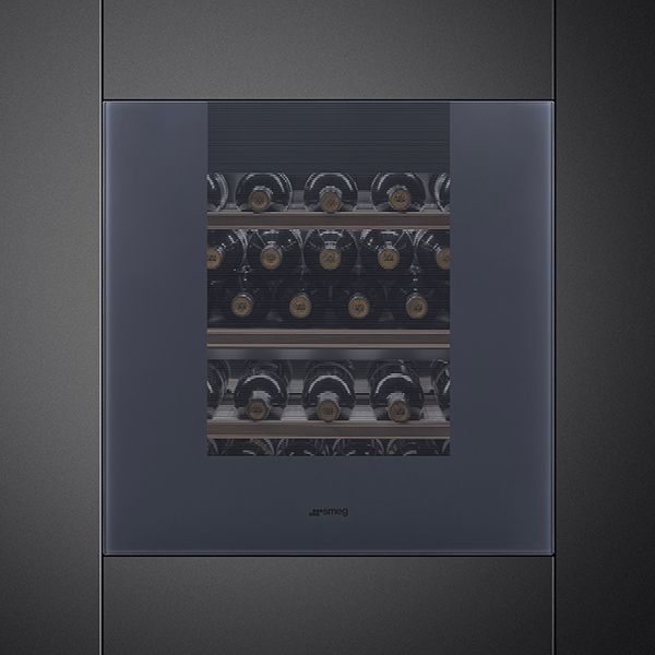 A built-in wine cooler in Neptune Grey. A smaller glass window provides visibility of some of the bottles within