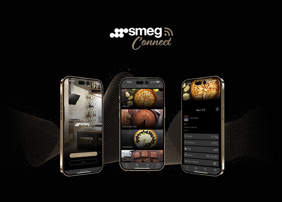 Displays 3 Smartphones against a black background. Each is showing a different screen from the SmegConnect App such as recipes and data from a smart connected oven