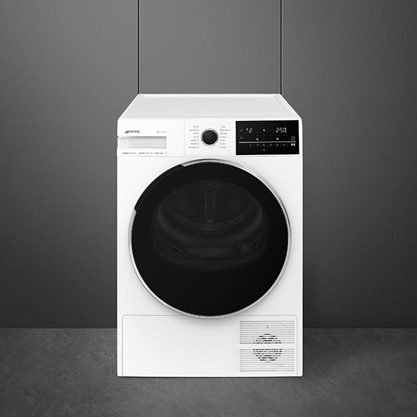 A white washer-dryer with large black door for easy access, and a black control panel with digital display, and a vent in the bottom right corner