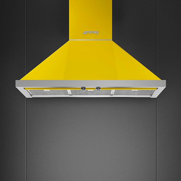 Decorative chimney wall cooker hood in yellow
