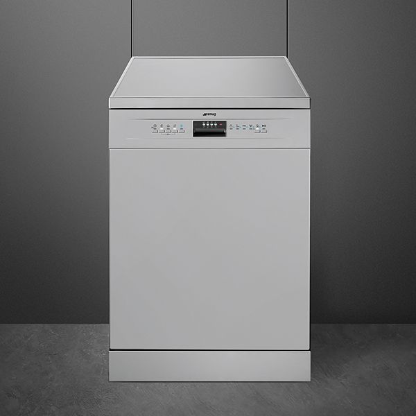 A silver 60cm freestanding dishwasher with pull down door and touch controls