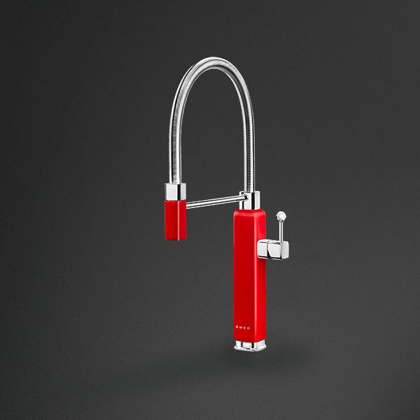 A pull out kitchen tap with flexible spray hose. The base and nozzle head are in vivid red., and mirror Smeg's iconic retro 50's curved edge design.