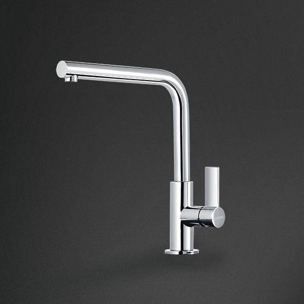 A modern single lever kitchen tap, with an L-spout shape in chrome.