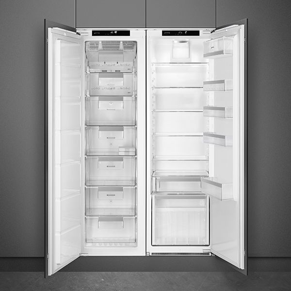 A tall 2 door, built-in refrigerator featuring side-by-side fridge and freezer units. Both doors are open showing a white interior with 6 fright shelves, salad box, and 7 freezer trays