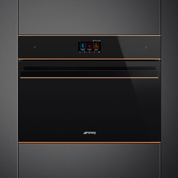 A black built-in blast chiller in with bronze trim and a discreet black horizontal handle