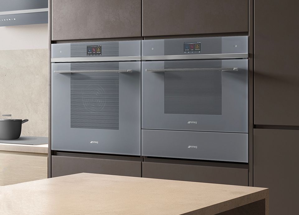 2 x 45cm built-in ovens,  installed side-by-side, and shown in our 'Neptune grey' colour