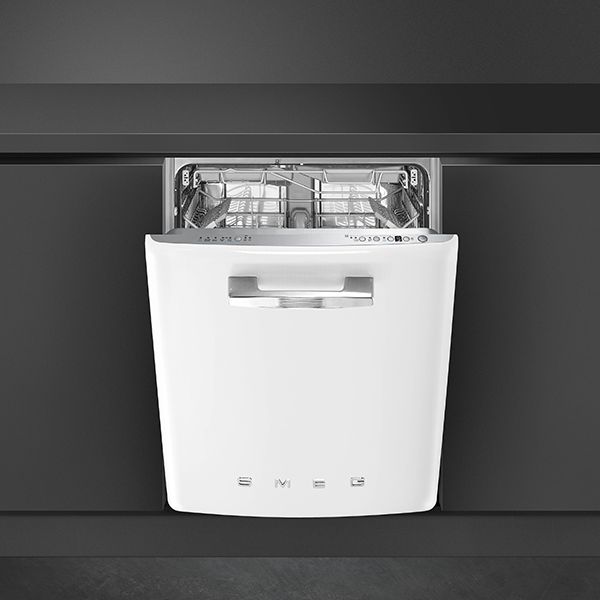 A white built-in, under-counter dishwasher featuring Smeg's iconic retro door design