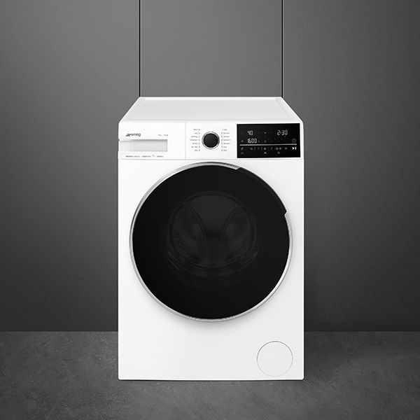 A white washing machine with large black door for easy access, and a black control panel with digital display