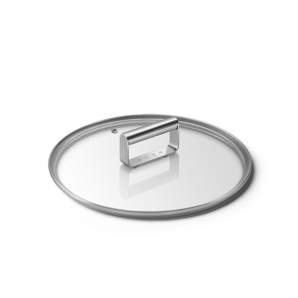 A glass lid with stainless steel handle