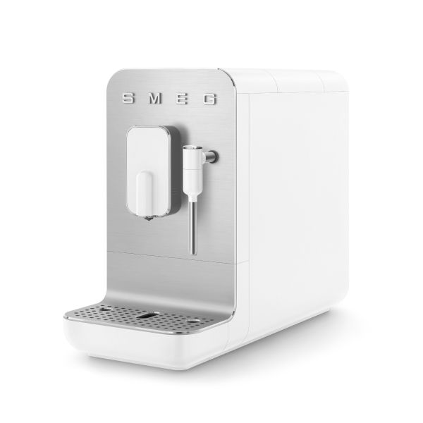 A sleek, modern bean-to-cup coffee machine in pastel green with a brushed silver / metal background