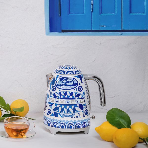 A designer kettle featuring a blue and white intricate design, from Smeg's 'Blu mediterraneo' range in partnership with Dolce & Gabbana