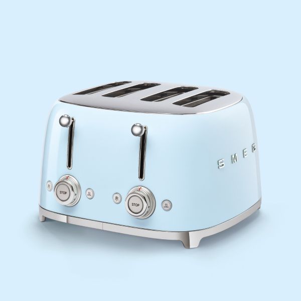 A pastel blue 4 slot, 4 slice toaster in Smeg's iconic retro design. Side by side dual levers and control allow toast to be set to different temperatures.