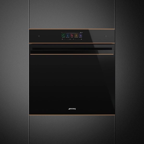 A built-in steam oven with Smeg's vitality system. The appliance is black with subtle copper trim